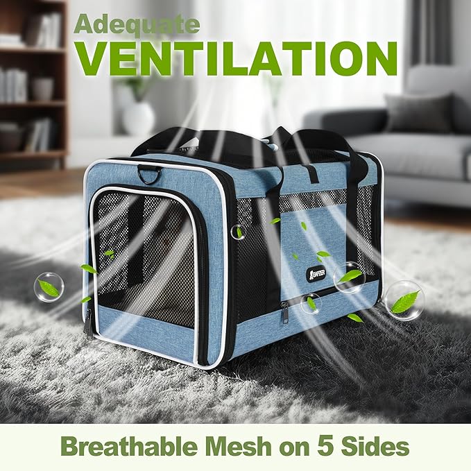 Cat Carrier 18 x 11 x 11 Top Loading Soft-Sided Pet Travel Bag Over 15lbs, Portable Small Dog Puppy Car Crate 10 lbs, Chihuahua Kennel Carry Case, Kitty Cloth Cage Medium Cat Under 25 Blue-PawvioPets