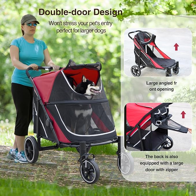 Dog Stroller for Medium/Large Dogs One-Click Folding, Extra Large Pet Stroller for 2 Dogs with Storage Pocket & Shock Absorption, Up to 130 lbs, Red-PawvioPets