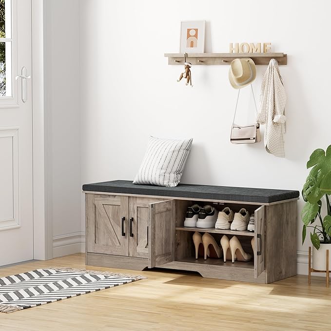 2-Tier Storage Bench, Shoe Bench with Padded Seat Cushion, Entryway Bench with 4 Barn Doors, Adjustable Shelf, 13.8" D x 47.2" W x 17.7" H, for Entryway, Living Room, Bedroom, Greige-PawvioPets
