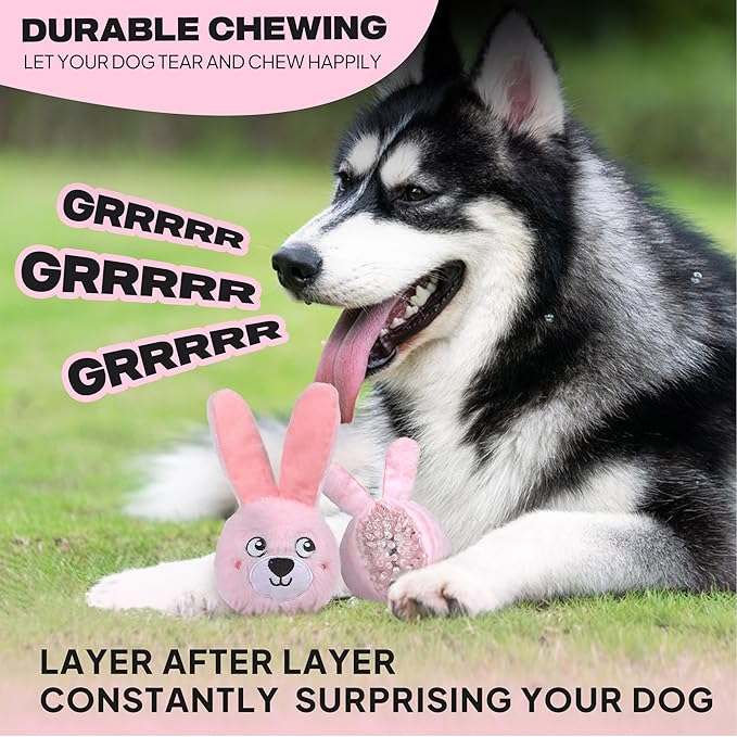 Fida Squeaky Dog Toys for Aggressive Chewers 3 in 1, Dog Chew Toys with 3 Layers,Interactive Dog Toys for Large Dogs Balls to Keep Them Busy for Small Medium Dogs(Pink Bunny)-PawvioPets