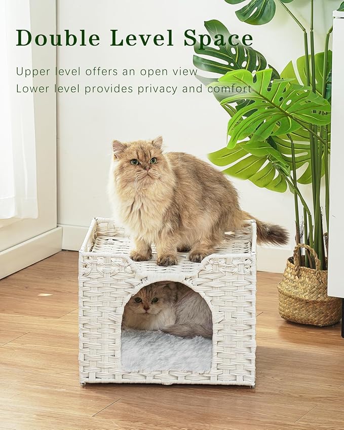 Cat Beds Indoor Kitten House, Handwoven Rattan Cat Cave Pet Cube, Large Cat Houses, One Bed Mat, Foldable, Hideaway, 16.5x16.5x13.2 Inches, 2 S-Shaped Hooks in Living Room Bedroom White-PawvioPets