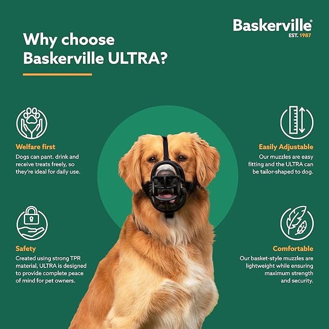 BASKERVILLE ULTRA MUZZLE - Patented Humane Design, Breathable, Dog can Pant and Drink, Adjustable, Padded, Dog Training Muzzle for Large Dogs, Prevents Biting, Wildlife Scavenging (Size 6, Black)-PawvioPets