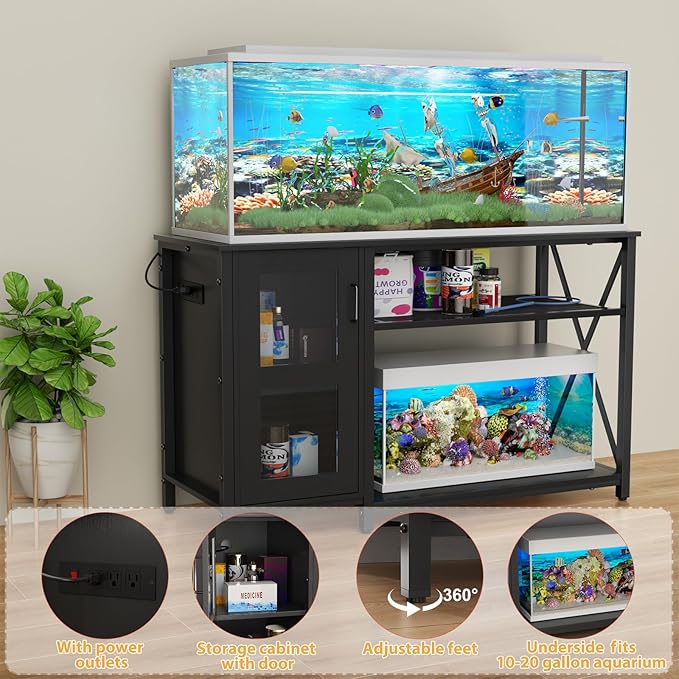 55-75 Gallon Fish Tank Stand , Aquarium Stand with Cabinet & Power Outlets for Fish Tank Accessories Storage, Heavy Duty Metal Terrarium Stand, 52" L*19" W Tabletop, 1200LBS Capacity, Black-PawvioPets