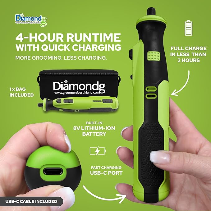 Diamondg Cordless Dog Nail Grinder with Quiet Sound & LED Tip for Large & Small Dogs, 4hrs. Runtime, 2 Bits Included, Green-PawvioPets
