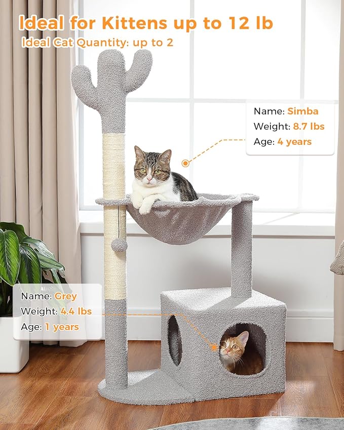 Cactus Cat Tree Cat Scratching Post 40" Cat Tower with Large Metal Carpet Hammock, Cat Scratching Post for Indoor Cats with Condo& Dangling Ball, Grey-PawvioPets