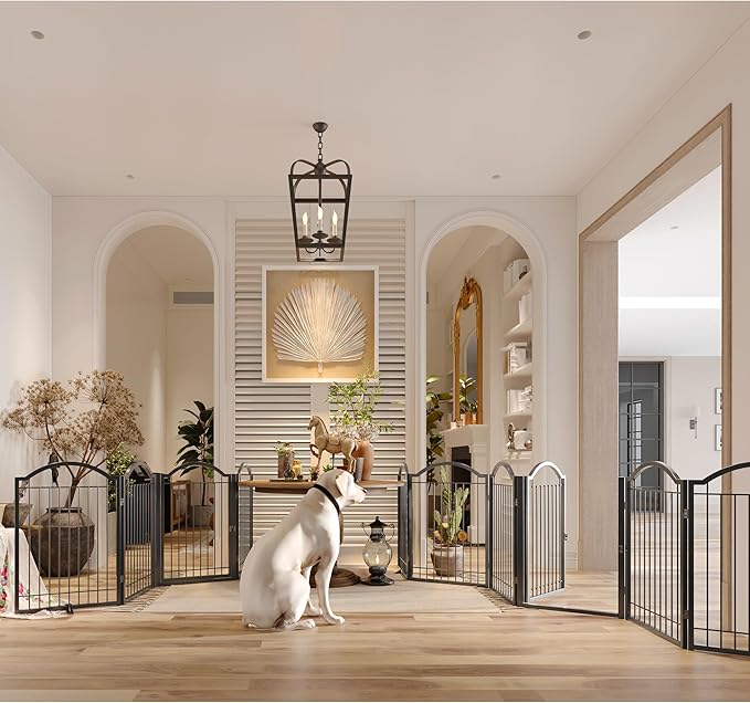 BHG Metal No-Assembly Freestanding Dog Gate with Door Walk Through, Extra Wide 144", Extra Tall 32" Pet Gate, Accordion Puppy Folding Playpen Dog Fence, with 2PCS Support (Black, 6 panesl)-PawvioPets