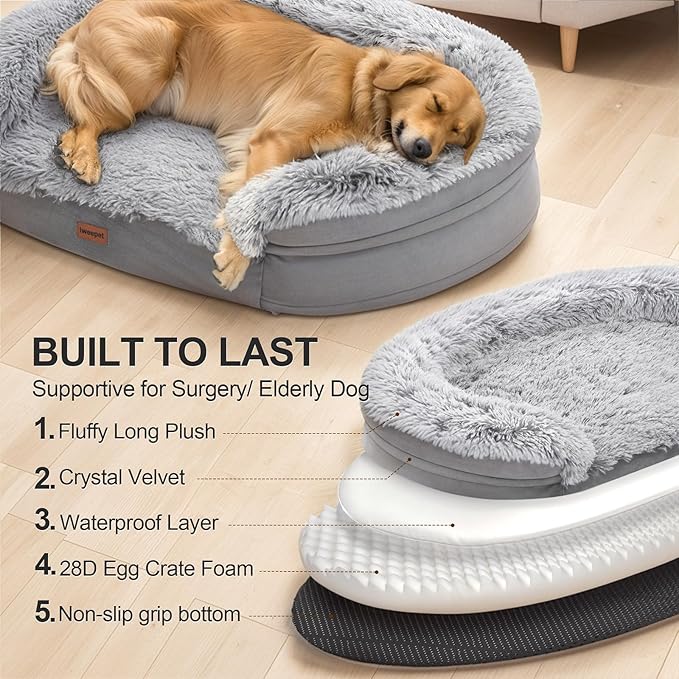 3.7 inch Thickened Orthopedic Dog Beds for Large Dogs, Supportive Dog Sofa Bed with 28D Egg-Crate Foam, Removable Washable Plush Cover, Waterproof Lining, Half-Round Design for Puppy, Senior Dog-PawvioPets