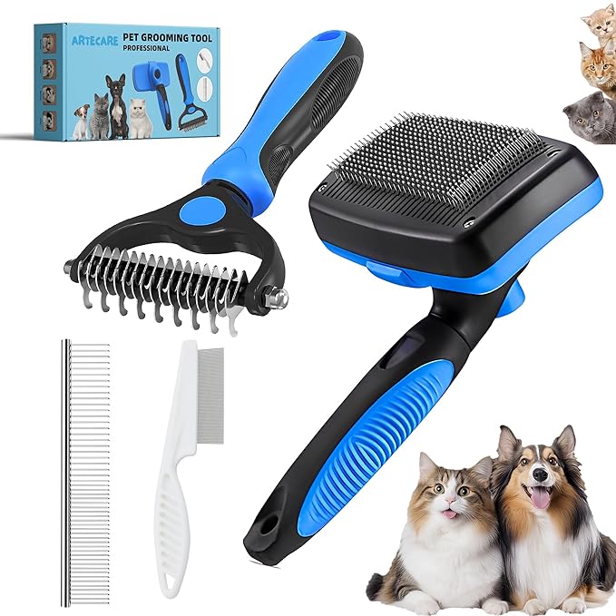 4 in 1 Cat Grooming Brush Self Cleaning Slicker Brush Dematting Tool for Dogs & Cats Haired Pets Skin Friendly, Deshedding Tool, Suitable for Pet Supplies Accessories, Blue-PawvioPets