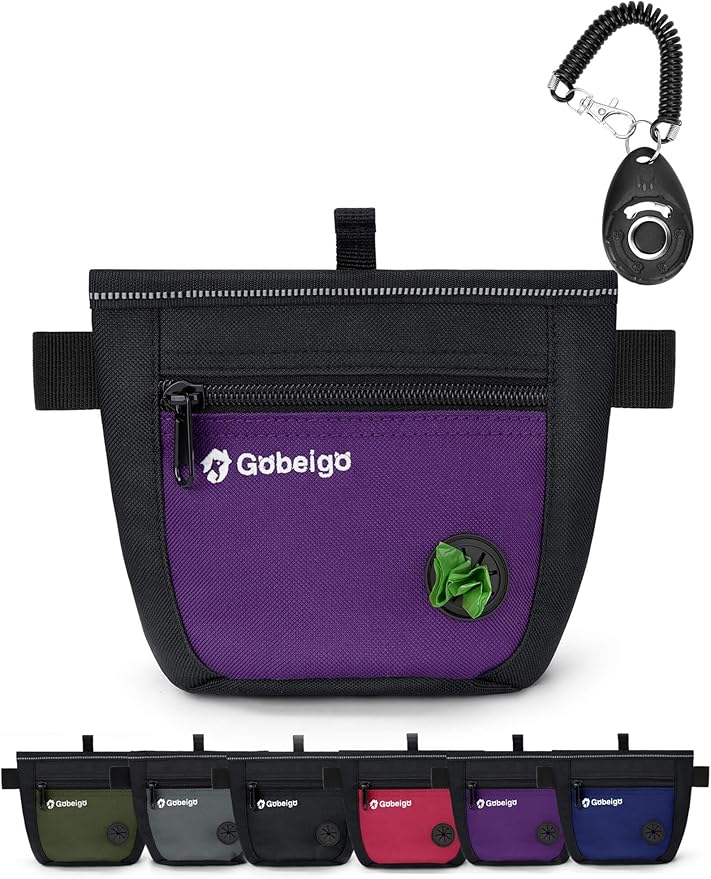 Gobeigo Dog Treat Pouch and Training Clicker, Upgrade Two Magnetic Closure to Prevent Spills, 2 Cup Treat Bag with Poop Bag Dispenser, Metal Clip Waist Belt Fanny Pack for Pet Walk (Black/Purple)-PawvioPets