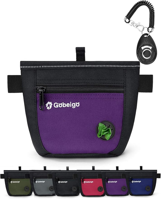 Gobeigo Dog Treat Pouch and Training Clicker, Upgrade Two Magnetic Closure to Prevent Spills, 2 Cup Treat Bag with Poop Bag Dispenser, Metal Clip Waist Belt Fanny Pack for Pet Walk (Black/Purple)-PawvioPets