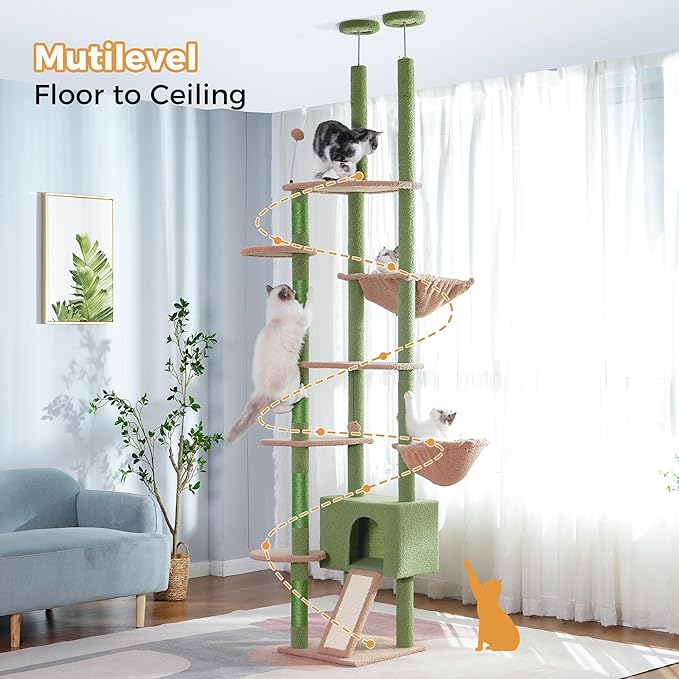 Floor to Ceiling Cat Tree Tall Cat Tower with Adjustable Height (81.8-108 Inches) with Fully Scratching Post Private Condo and Hammock for Indoor Cats (Green, Triple Dule Posts)-PawvioPets