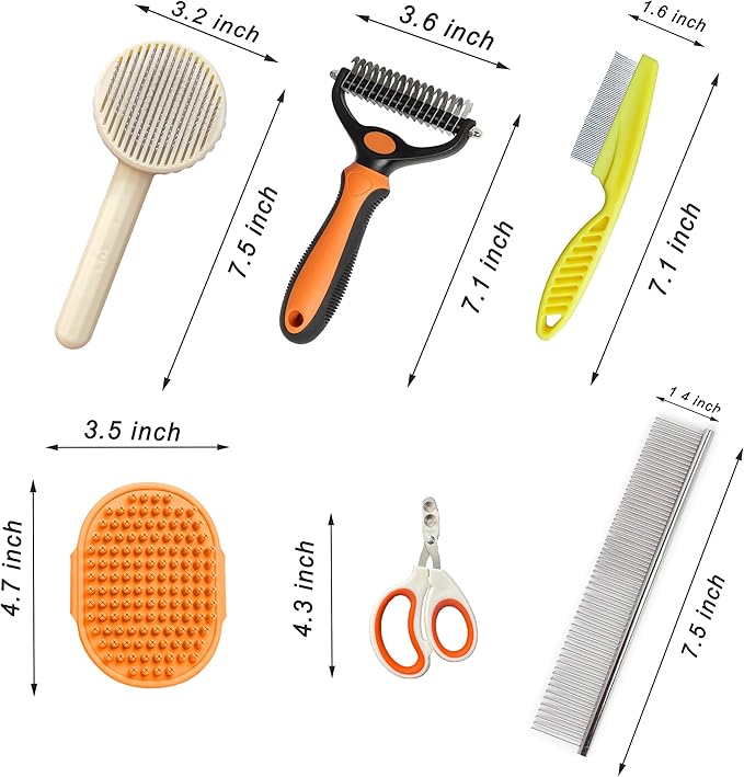 Cat Grooming Brush Kit 6 Tools - Deshedding & Dematting for Long/Short Hair, Self-Cleaning Slicker Brush with 6-in-1 Flea Comb for Cats & Kittens (Orange)-PawvioPets