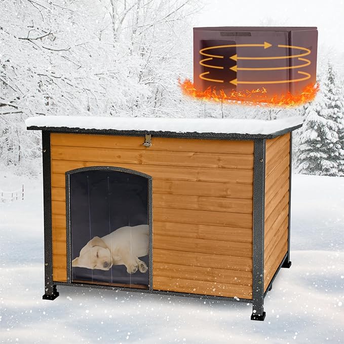 Feral Dog House Outdoor,Anti Bite Iron Frame Dog Kennel,Wood Warm Pets Home,Insulated Weatherproof Outside Shelter for Feral Animal (43.3" (L) x 29.4" (W) x 33.4" (H)-Brown-in)-PawvioPets