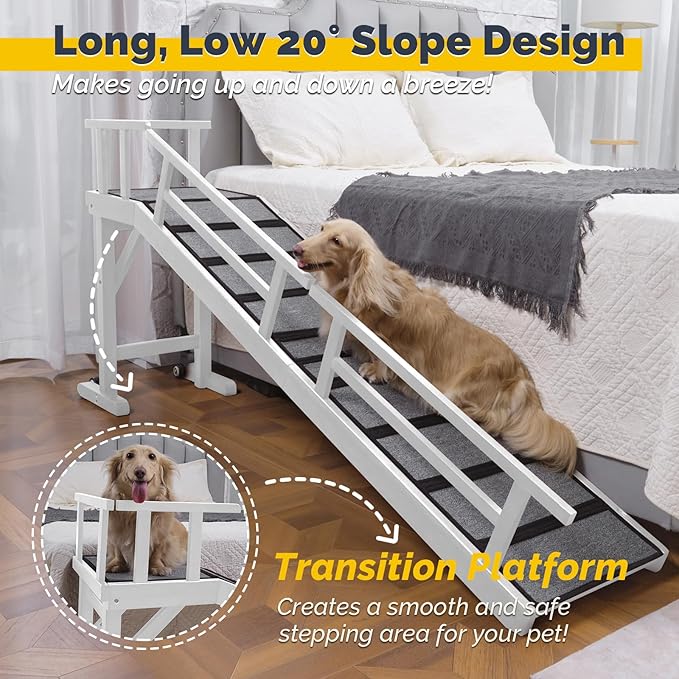 Dog Ramp for Bed or Couch, Wooden Pet Ramp with 20° Gentle Slope, Removable Side Rails, Non-Slip Surface, Top Platform & Wheels, Safe Bed Ramp for Small, Medium & Senior Dogs, 74" Long, White-PawvioPets