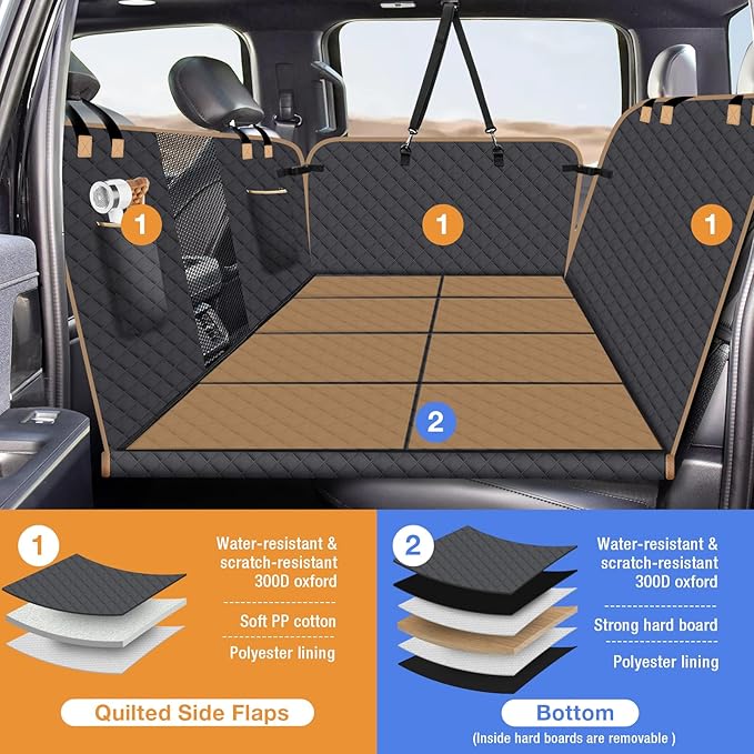Dog Car Seat Cover for Back Seat, Larger Dog Car Bed Cover with Hard Bottom, Backseat Extender Hammock for Full SizeTruck/SUV 8 Panels - Black-PawvioPets