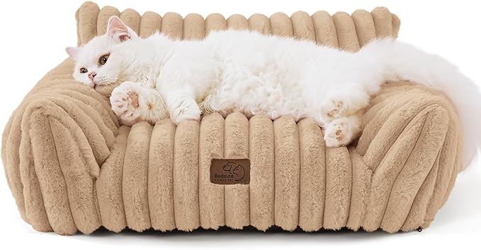 Bedsure Cute Cat Couch for Pets - Fluffy Cat Sofa with Premium Soft Corduroy Fleece, Fuzzy Pet Couch Bed with Removable Washable Cover, Supportive Pet Chair for Indoor Cats, 24inch, Tuscan Beige-PawvioPets