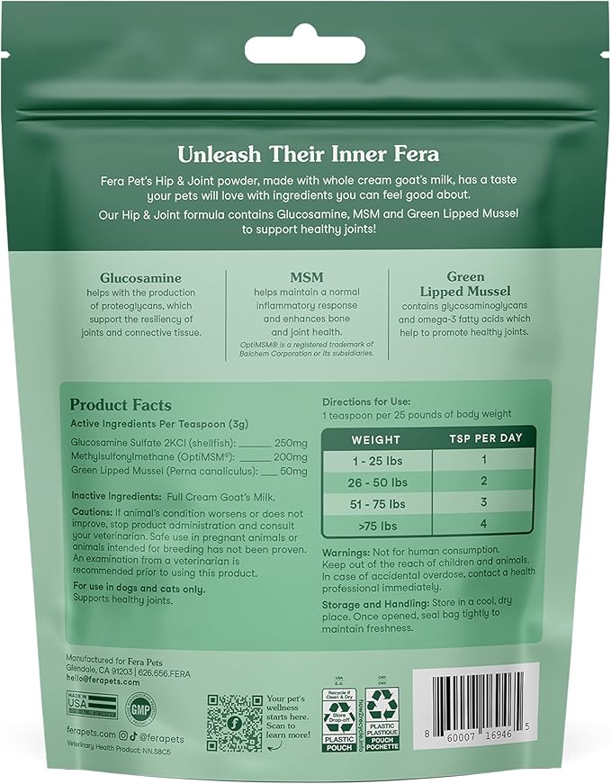 Fera Pets Goat Milk - Cat & Dog Hip and Joint Support with Glucosamine, MSM & Green Lipped Mussel - Supports Flexibility, Mobility & Bone Health - for Picky Eaters - 60 TSP-PawvioPets