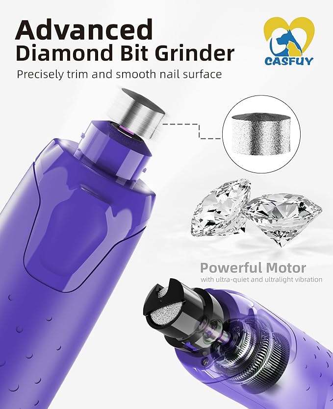 Casfuy Dog Nail Grinder Quiet - (45db) 6-Speed Pet Nail Grinder with 2 LED Lights for Large Medium Small Puppy Dogs/Cats, Professional 3 Ports Rechargeable Electric Dog Nail Trimmer with Dust Cap-PawvioPets