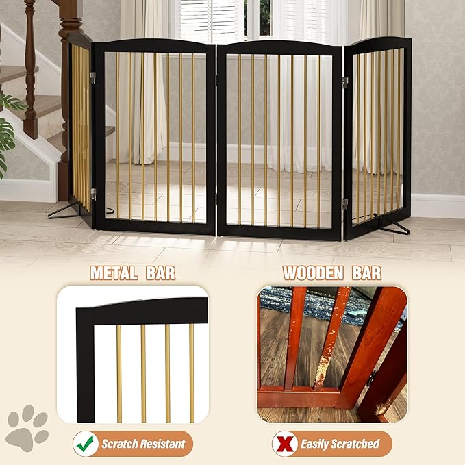Freestanding Pet Gate for Dogs, Indoor Wooden Dog Gate for House, Foldable Dog Gate for Doorway, Stair, Step Over Pet Puppy Safety Fence Tall, 80 Inch Wide, 4 Panels 32", Black & Gold-PawvioPets