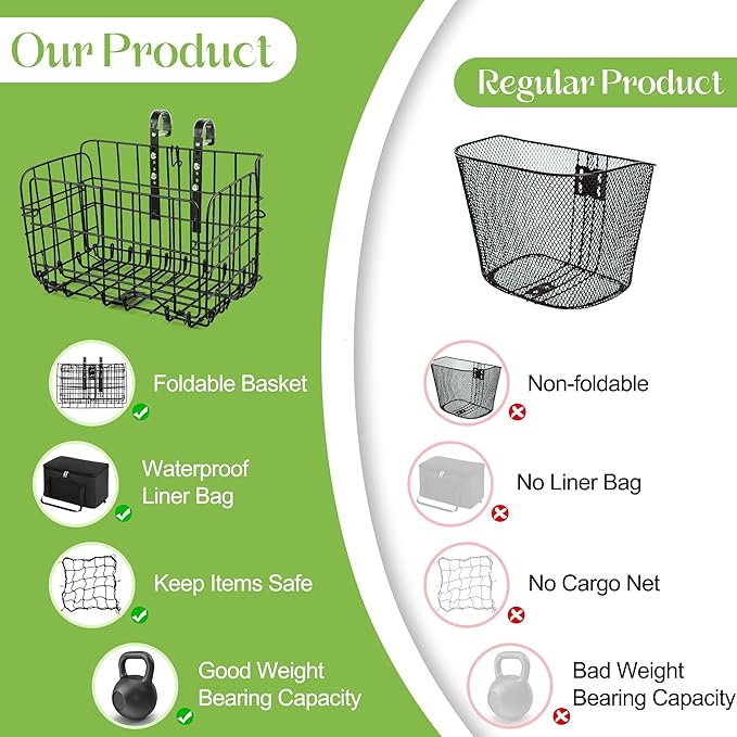 Aodaer Bike Basket with Removable Liner Bag Cargo Net Large Folding Bike Basket Quick Release Metal Ebike Basket Bicycle Storage Basket for Carrying Fruit & Grocery Pets Dogs-PawvioPets