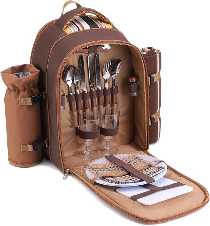 apollo walker Picnic Backpack Bag for 2 Person with Cooler Compartment, Detachable Bottle/Wine Holder, Fleece Blanket, Plates and Cutlery(2 Person, Brown)-PawvioPets