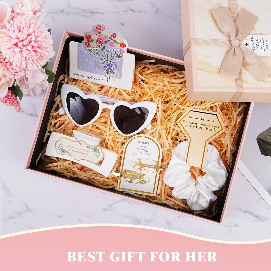 White Bridesmaid Proposal Gift Set, 8PCS Hair Claw, Scrunchies, Makeup Clips & Heart Sunglasses – Elegant Gift for Wedding Party Favors, Maid of Honor, Girls and Teen Birthday Gifts