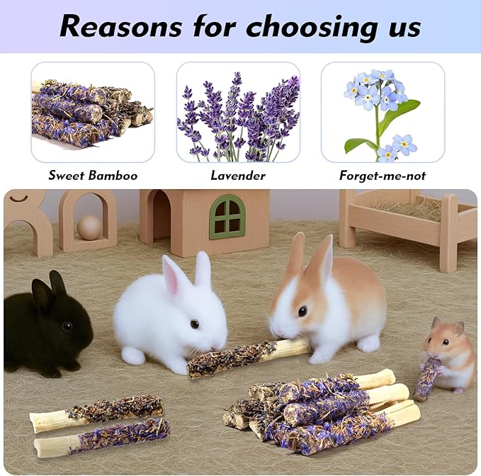 Abizoo Sweet Bamboo Rabbit Chew Sticks Treats and Toys 8Pcs Natural Hay with Forget-Me-Not Lavender for Bunny Guinea Pig Chinchilla Dental Care-PawvioPets