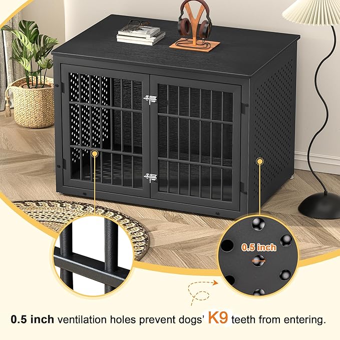 42" Heavy Duty Dog Crate Furniture for Large and Medium Dogs, Enclosed Design Wooden Metal Kennel, Wooden Cage Furniture Indoor, Decorative Dog Kennel End Table-PawvioPets