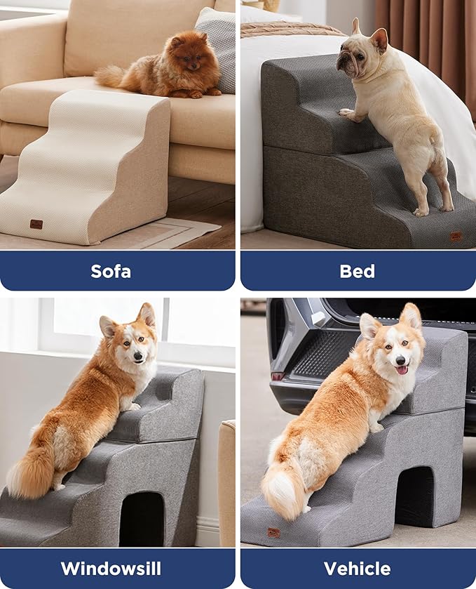 Beige Curved Dog Stairs Ramp for Small Dogs & Cats 17" H, 3-Step Dog Steps for Couch Sofa and Chair, Pet Stairs for Cats, Non-Slip Balanced Pet Steps-PawvioPets