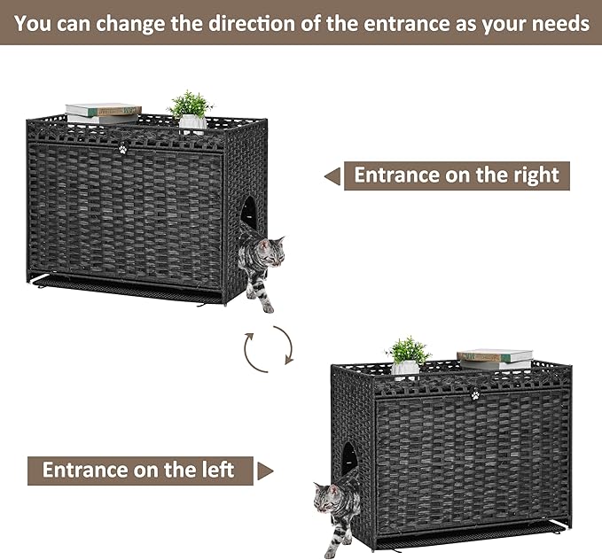 Cat Litter Box Enclosure with Soft Litter Mat; Hidden Cat Washroom Furniture with Door; Handwoven Rattan Cat House with Large Space; Pet Crate for Living Room, Bedroom, Balcony (Black)-PawvioPets