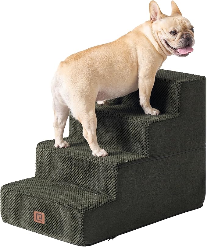 EHEYCIGA Dog Stairs for Bed 18" H, 4-Step Dog Steps for High Bed, Pet Steps for Small Dogs and Cats, Non-Slip Balanced Pet Ramp Indoor, Olive Green-PawvioPets