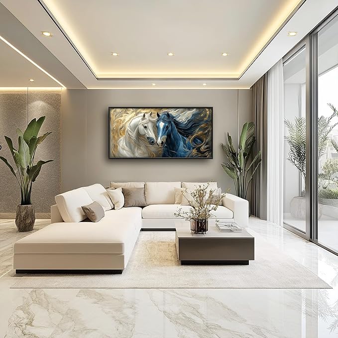 Framed Large Horse Wall Art for Living Room, Oversized Abstract Horses Wall Decor Blue and Golden Canvas Painting Animal Pictures Modern Artwork for Living Room Bedroom Office 60"x30"-PawvioPets