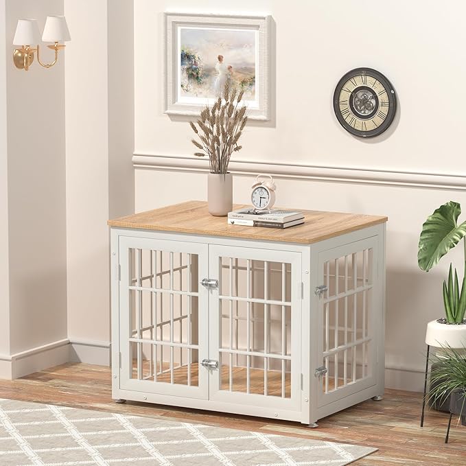 32 Inch Heavy Duty Dog Crate Furniture for Medium and Small Dogs, Decorative Pet House End Table, Wooden Cage Kennel Furniture Indoor, Natural and White-PawvioPets