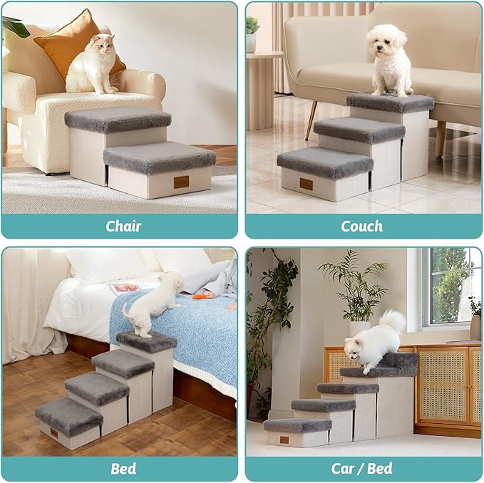 Dog Stair for Small Dogs with Storage, Foldable Pet Step with Soft Cover, Older Cat Ramp for Chair Couch Sofa, Lightweight, Durable, Comfort, 33x13x17.7 inch, 4 Tiers Grey-PawvioPets