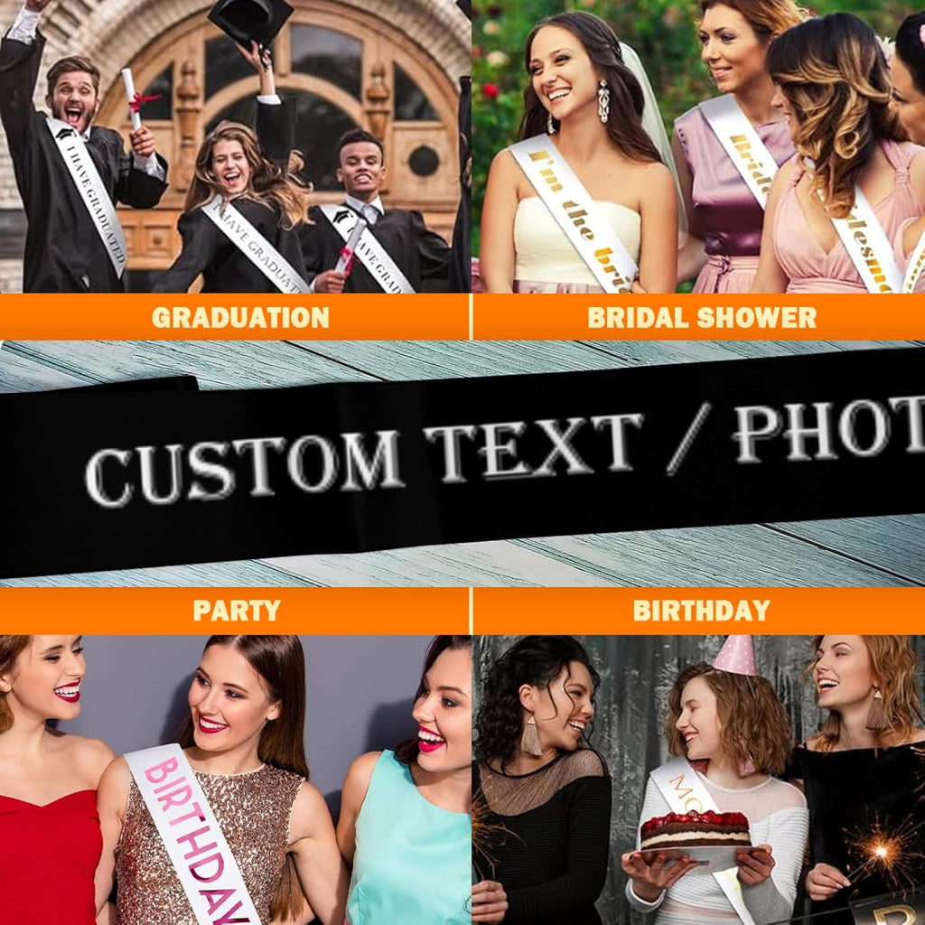 Custom Sash,Personalized Birthday Sash with Text Photo,Customized Bachelorette Sash Quote Sash Bride to Be Sash Color Optional (No decorative edge, Black)