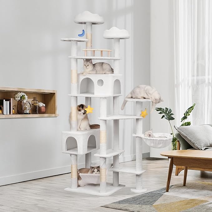 85in Tall Cat Tower for Heavy Duty Big Cats, Large Cat Tree with Scratching Post, Plush Perches, Cozy Cat Condos & Hanging Hammocks for Maine Coon, White-PawvioPets