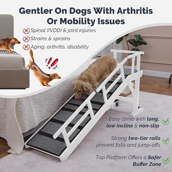 Dog Ramp for Bed or Couch, Wooden Pet Ramp with 20° Gentle Slope, Removable Side Rails, Non-Slip Surface, Top Platform & Wheels, Safe Bed Ramp for Small, Medium & Senior Dogs, 60" Long, White-PawvioPets