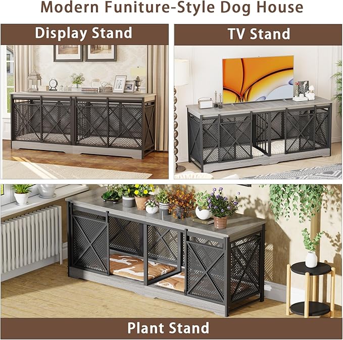 COZPAW 78 Inch Double Dog Crate Furniture, Extra Large Dog Kennel Indoor for Medium Large 2 Dogs, Heavy Duty Dog Cage Chew-Resistant Steel and Wooden Pet House with Removable Divider (Grey)-PawvioPets