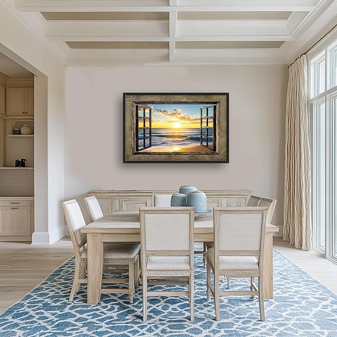 Beach Large Wall Art Sea Coastal Pictures Rustic Window Sunrise Wall Decor Canvas Print Painting Artwork for Bathroom Living Room Bedroom 36L" x 24W"-PawvioPets