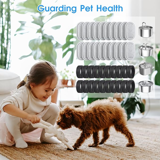 40 Pack Cat Water Fountain Filters-Cat Fountain Replacement Filters for Stainless Steel 108/3.2L& 67oz/2L Adjustable Water Flow Pet Water Fountain(20 Pack Pet Water Filter Refills+20 Pack Sponges)-PawvioPets