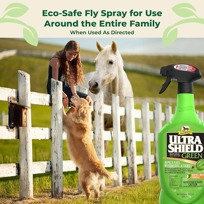 Absorbine UltraShield Green All-Natural Fly & Insect Repellent for Horses & Dogs, Essential Oils Repel & Control, 32oz Spray Bottle-PawvioPets