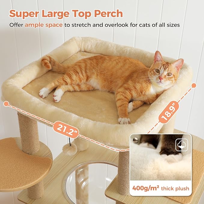 71" Tall Wood Cat Tree for Large Cats, Modern Cat Tower with 2 Acrylic Bowls, Large Top Perch, Spacious Cat Cave (Soft Cushion Included), 10 Sisal Scratching Posts and Non-Slip Jump Platforms-PawvioPets