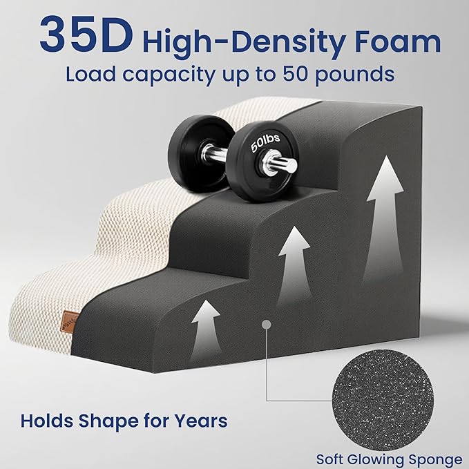 GoGoBunny Ramp Dog Stairs for Couch Sofa and Chair 15.7" H, 3-Step Pet Steps for Small Dogs and Cats, Non-Slip Waterproof Fabric Cover, Stable and Balanced Indoor Step, Pets Friendly, Beige-PawvioPets