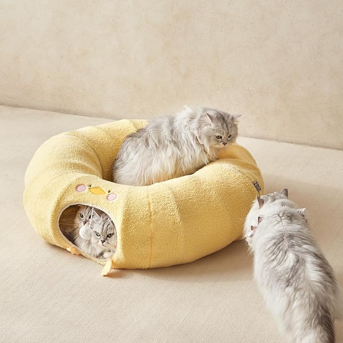 EHEYCIGA Cat Tunnel Bed for Indoor Cats, Cute Cat Donut Toy Tunnel for Small Large Cats with Washable Circle Cushion, Peekaboo Pet Cave Play Tunnel for Kitten, Puppy, Rabbit-PawvioPets