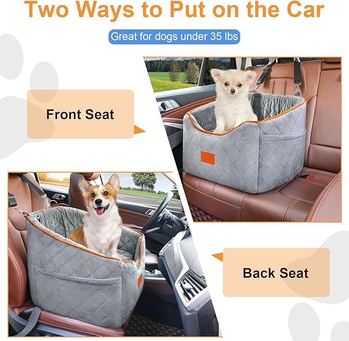 Dog Car Seat for Small Dogs, Memory Foam Booster Dog Seat for Dogs up to 35 lbs, Elevated Pet Car Seat with Washable Removable Cover, Storage Pockets (Gray)-PawvioPets