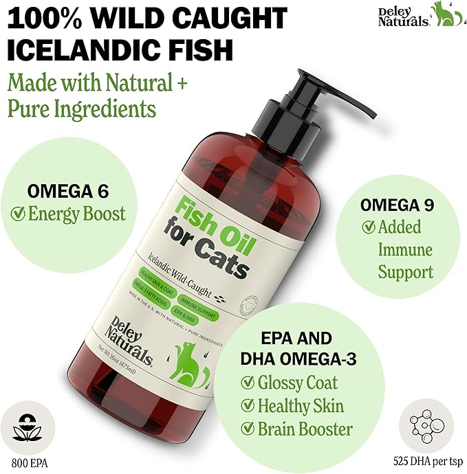 Deley Naturals Wild Caught Fish Oil for Cats with 2X Omega - Cat Fish Oil with Highest EPA & DHA Potency - Omega 3 for Cats for Shedding, Skin, Coat, Joints, Heart and Immune System - Made in The USA-PawvioPets