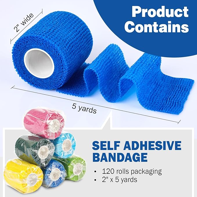AZEN 120 Pack Self Adhesive Bandage Wrap, 2" X 5 Yards Elastic Cohesive Bandage Wrap, Color Athletic Tape, Vet Wrap, Ankle Tape-PawvioPets