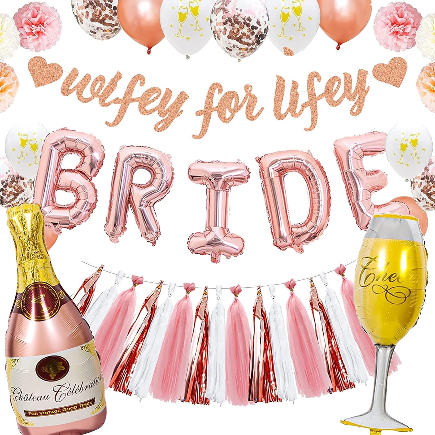 Rose Gold Bachelorette Party Decorations Bridal Shower Decoration Kit with Wifey for Lifey Banner,Champagne Glass Foil Balloons,Bride Foil Balloon,Paper Pom Poms, Tassel Party Supplies