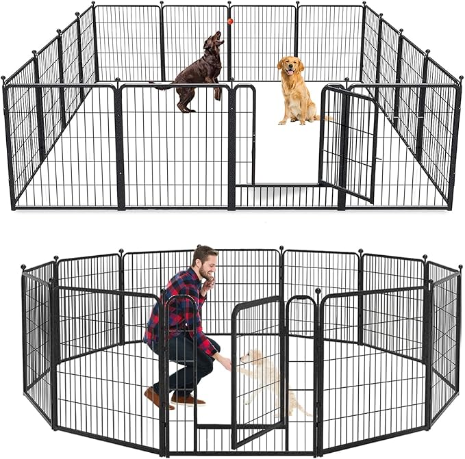 Dog Playpen 32 inch 12 Panels Indoor Dog Pen for Medium/Small Dogs Heavy Duty Metal Dog Fence Outdoor for Yard, Puppy Playpen with Door Portable Pet Fence for RV Camping Yard-PawvioPets