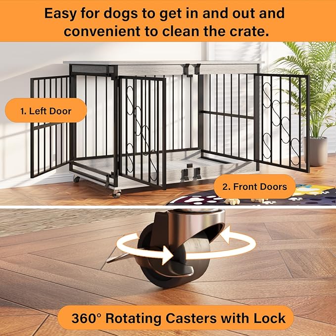 COZPAW Dog Crate Furniture, 48 Inch Dog Crates for Medium/Large Dogs, Farmhouse Wood Dog Kennel Indoor Heavy Duty Dog Cage with Caster Wheels (Gray)-PawvioPets